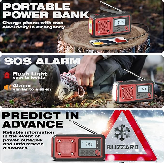Crank Emergency Radio 5000mAh, Weather Radio, Solar Radios Battery Operated, NOAA/AM/FM Weather Alert Radios with Power Phone Charger, SOS Alarm, Flashlight & Reading Lamp Indoor Outdoor (red)