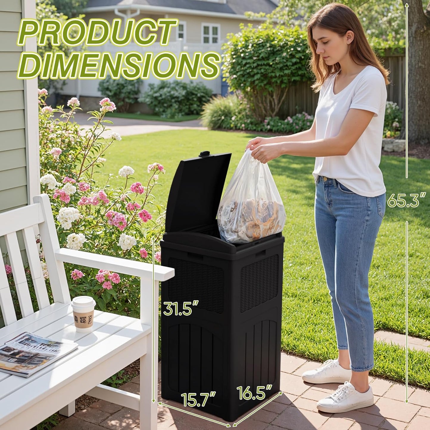 Greesum 33 Gallon Outdoor Trash Can with Lid, Waterproof Resin Garbage Bin for Hideaway, Deck, Patio, 4 Pack, Black