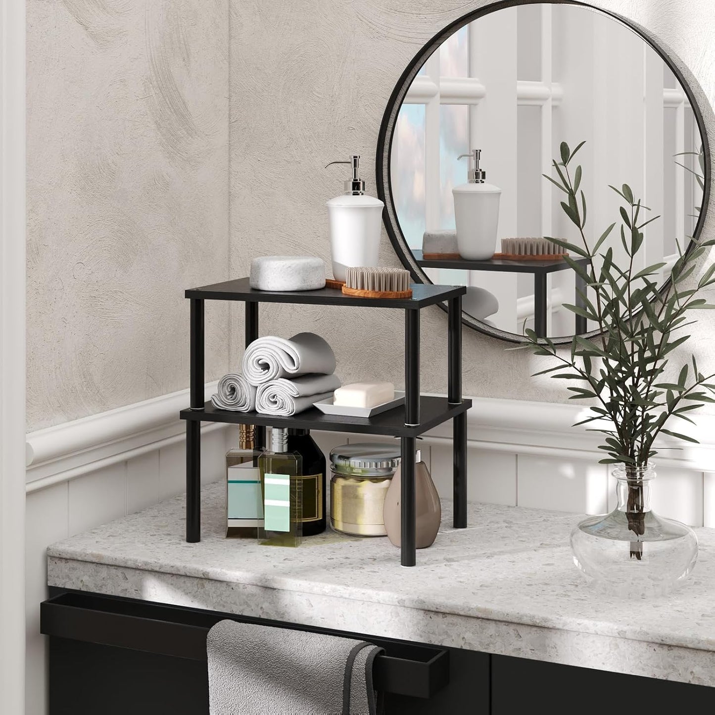 Cabinet Organizer Shelf(Set of 2),Kitchen Counter Shelves,Bamboo Spice Rack Countertop and Cabinet,Stackable Expandable,Medium(Black)