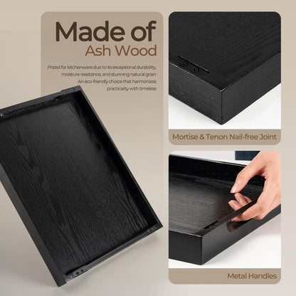 Axeman Wooden Serving Tray with Metal Handles|Ottoman Tray for Breakfast, Bed, Couch|17x13in Ash Wood Coffee Table Trays|Food Drinks Decorative Storage Boards for Ottoman Kitchen, Black