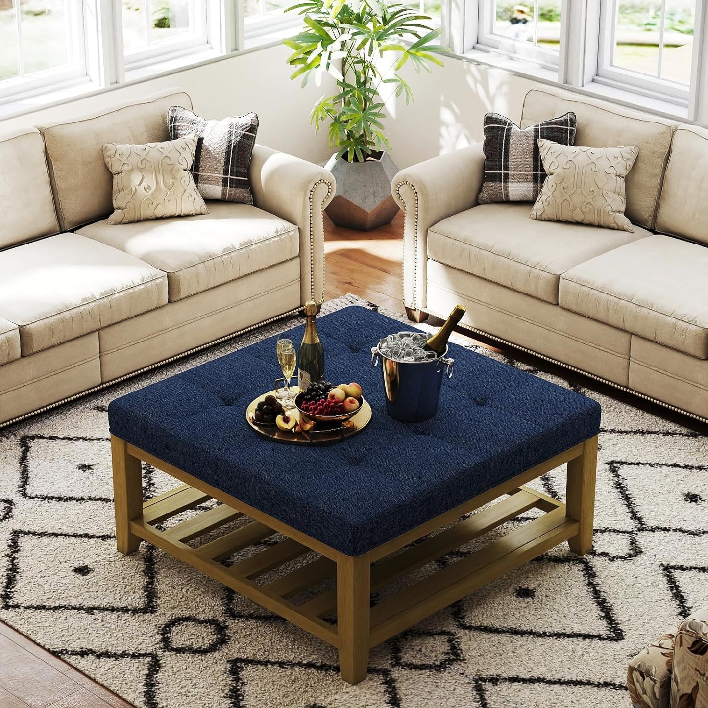 Large Square Ottoman Coffee Table, Linen Solid Upholstered Footrest Ottoman with Solid Wood Shelf Storage Tufted Coffee Table for Bedroom Living Room, Navy Blue