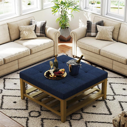 Large Square Ottoman Coffee Table, Linen Solid Upholstered Footrest Ottoman with Solid Wood Shelf Storage Tufted Coffee Table for Bedroom Living Room, Navy Blue