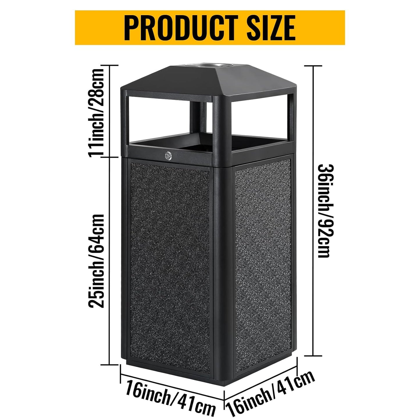 Square Waste Container with Dome Lid | Commercial Outdoor Garbage and Trash Container, Black, 15 Gallon