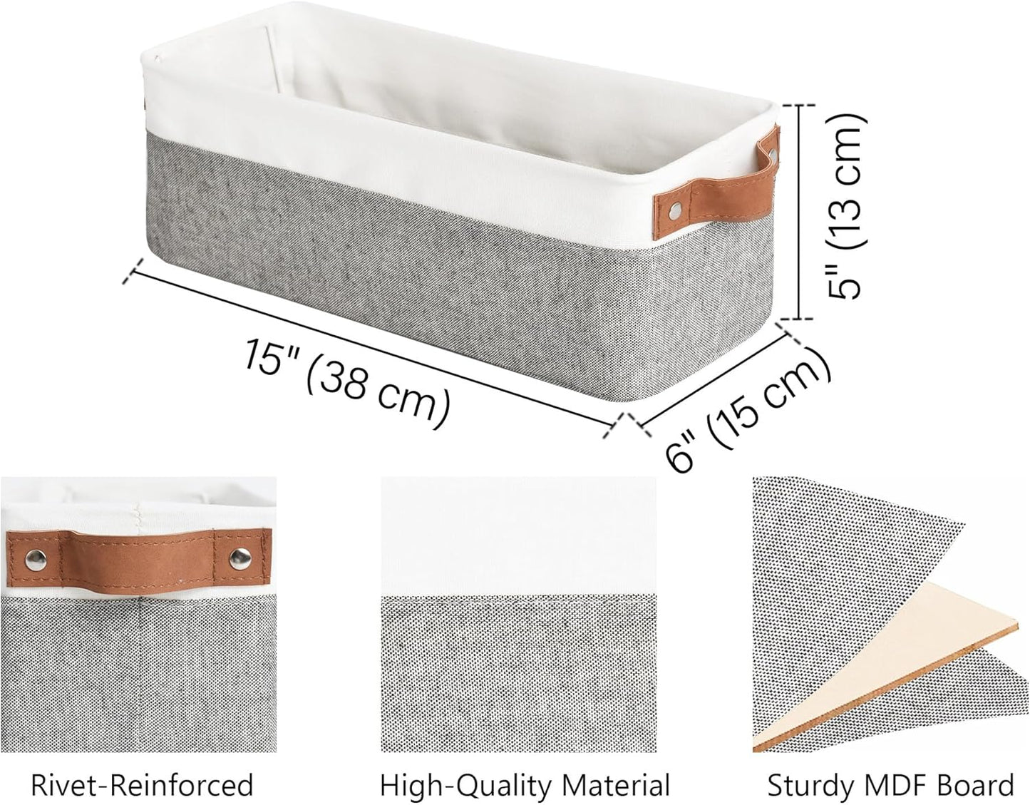 StorageWorks Narrow Storage Bins, Small Basket for Closet and Shelves, Fabric Organizer with Handles, Toilet Paper Storage, Grey and White, 2-Pack