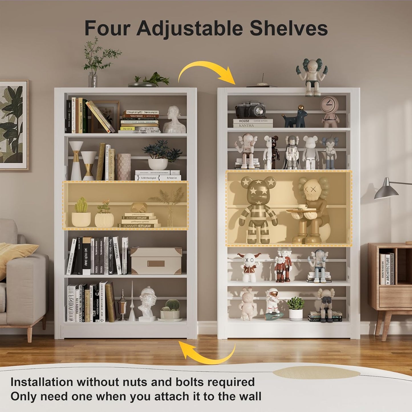 Heavy Duty Metal Bookshelf, 5 Shelf Adjustable Bookcase, 69’’ Tall Modern Bookshelves, Open Book Shelf Organizer, Large Sturdy Book Case for Living Room, Library, Office, White Book Shelf