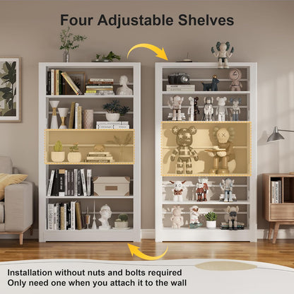 Heavy Duty Metal Bookshelf, 5 Shelf Adjustable Bookcase, 69’’ Tall Modern Bookshelves, Open Book Shelf Organizer, Large Sturdy Book Case for Living Room, Library, Office, White Book Shelf