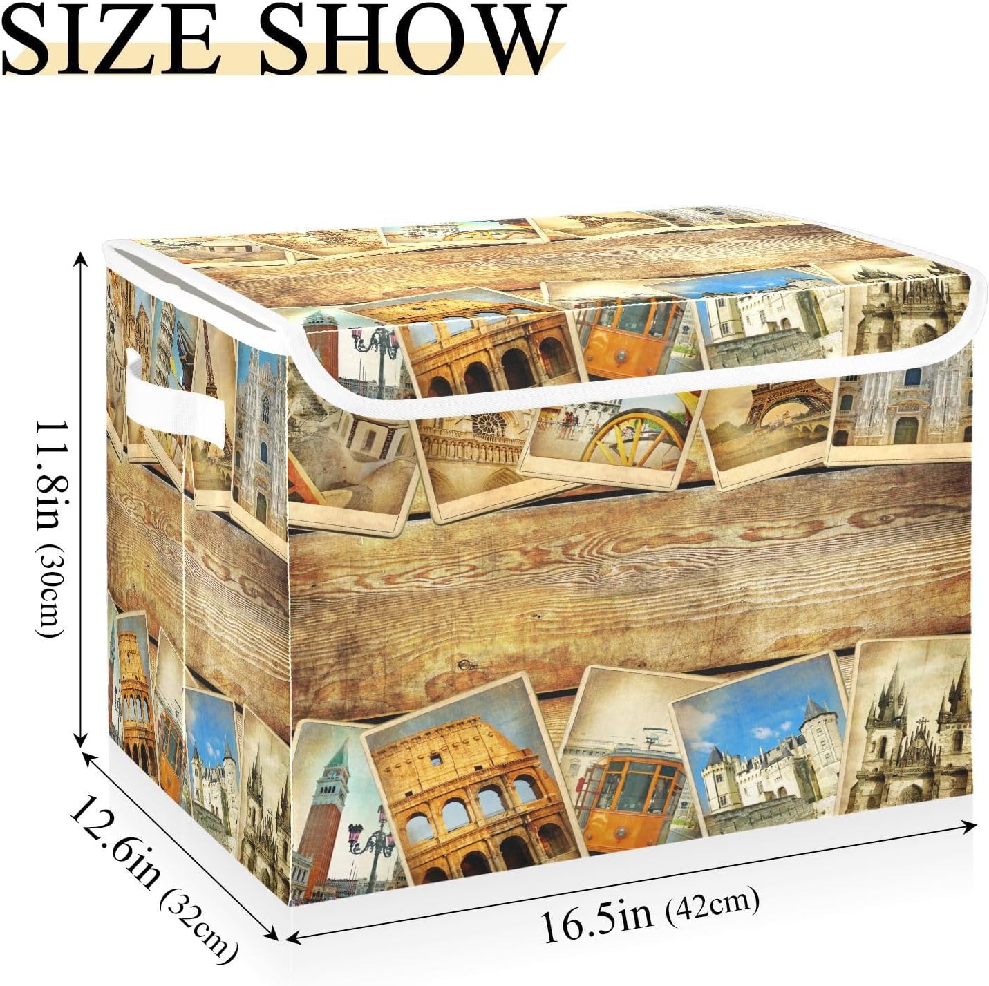 susiyo Vintage Parisian Attractions fabric storage baskets with lids,Collapsible Storage Boxes,Foldable storage boxes with handles for Home,Office,Closet Organization