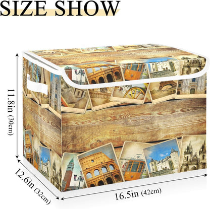 susiyo Vintage Parisian Attractions fabric storage baskets with lids,Collapsible Storage Boxes,Foldable storage boxes with handles for Home,Office,Closet Organization