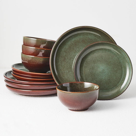 Stoneware Dinnerware Sets Service for 4, 12 pcs Reactive Glaze Plates and Bowls Sets, Handmade Ceramic Dish Set, Highly Chip and Crack Resistant Modern Plate Set, Brown Green