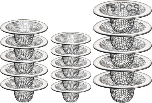 Bathroom Mesh Sink Drain Strainer Screen, 15PCS Drain Mesh Basket Cover Stainless Steel Slop Basket Filter Trap Tub Drain Screen Hair Catcher for Shower Utility Drain (2.125''&2.75"&4.41'')