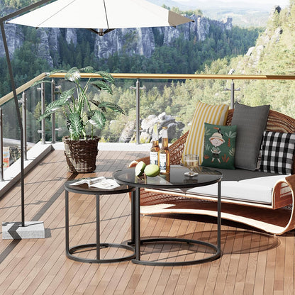 aboxoo Nesting Coffee Table Grey Glass Table Set of 2, Small Round Glass Nesting Tables for Living Room Bedroom, Accent Tea Table with Metal Frame Modern Industrial Simple