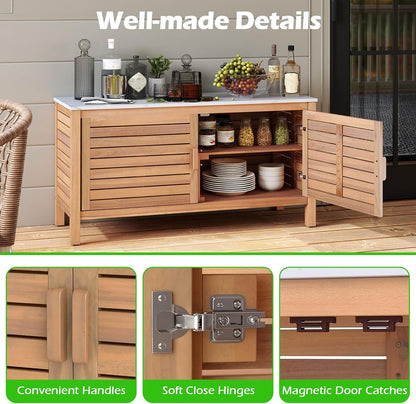 Goplus Patio Storage Cabinet, 2-Door Acacia Wood Storage Container with Faux Marble Top, Outdoor Wooden Sideboard for Deck, Garden, Lawn and Backyard
