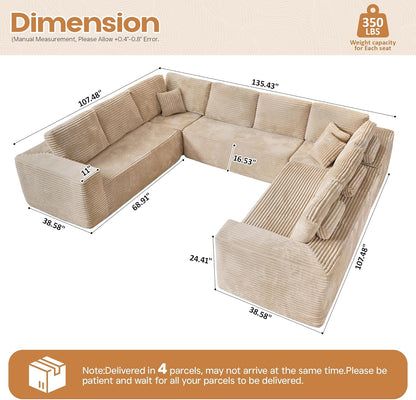 Cloud Sectional Couches for Living Room,U Shaped Modular Sofas No Assembly,135x107 Inches Plush Corduroy Oversized Floor Couch Set with Deep Seat Chaise,Beige