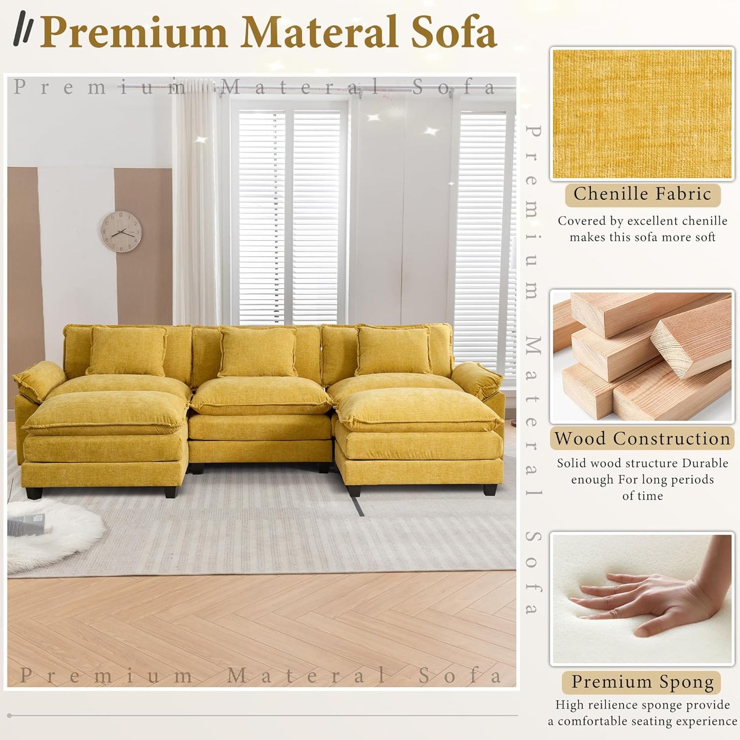 URRED Modular Sectional Sofa Comfy Cloud Couch, Modern Chenille Sofa Sleeper Deep Seat Couches with Ottoman/Pillows for Living Room (Yellow, 117'' - U Shape)