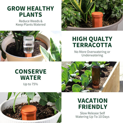 Large Terracotta Watering Spikes with Lids, Automatic Plant Waterer Outdoor | Indoor, Vacation Friendly Clay Plant Watering Devices System, Slow Release Self Watering Planter Insert, 6 Pack