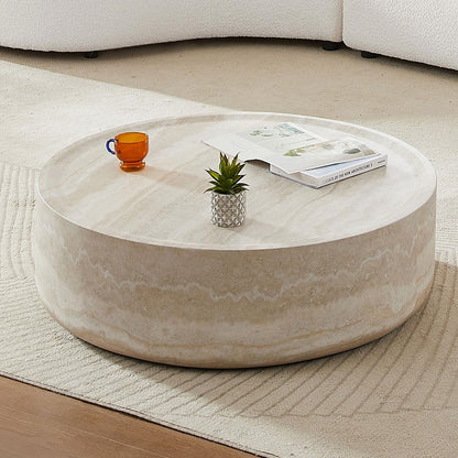 Faux Marble Coffee Table, Modern Round Coffee Table for Living Room, Circle Drum Coffee Side Tables, Fiberglass Center End Table for Small Place Apartment Office (35.43" Marble)