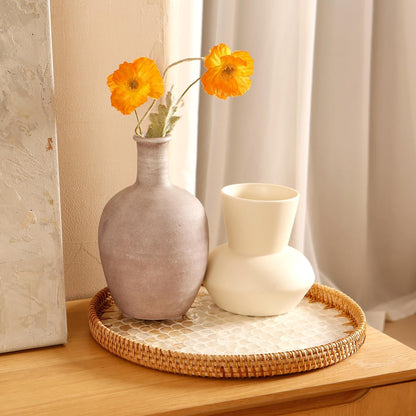 Round Rattan Tray with Mother of Pearl Inlay & Wooden Base - Decorative Wicker Serving Tray for Coffee/Bread/Fruits, Food Storage & Display - Multipurpose Home Decor (L,Fish Scales)