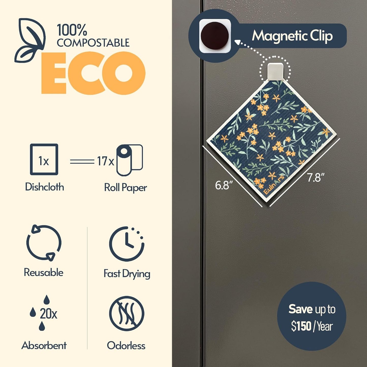 Reusable Paper Towels, Swedish Dishcloths for Kitchen 8-Pack, Non-Scratch Swedish Dish Towels, Super Absorbent Cellulose Dish Cloths, Eco Friendly Gifts