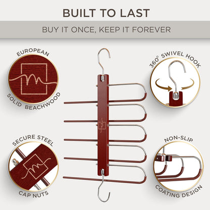 MORALVE Pants Hangers Space Saving - 2 Pack European Beechwood Scarf and Jean Hangers - Closet Organizer and Space Saver Pant Rack, Leggings Hanger, and Scarf Holder with 360° Swivel Hook