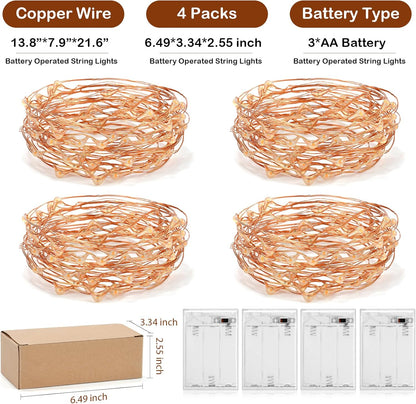 Led Fairy Lights Battery Operated, 4 Packs Mini Battery Powered Copper Wire Starry Fairy Lights for Bedroom, Christmas, Parties, Wedding, Centerpiece, Decoration (5m/16ft Blue)