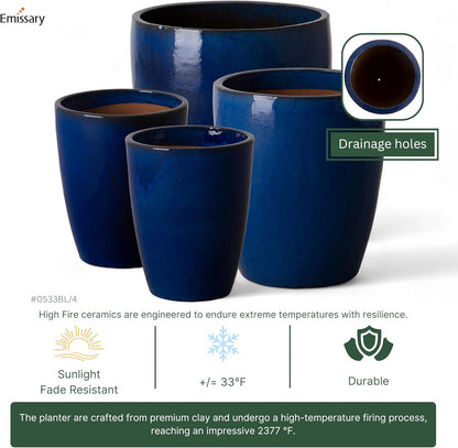 Emissary Home and Garden Bullet 11.5 in. Blue Ceramic Round Planter (11.5 in. L x 11.5 in. W x 14 in. H) with Drainage Hole