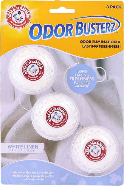 Arm & Hammer Odor Busterz Deodorizing Balls - Air Freshener and Odor Eliminator - Long Lasting Freshness for Home, Bathroom, Closet, Gym Bags, Sports Gear and More - 3-Count, White Linen Scent