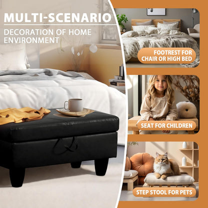 Ottoman Rectangular Storage Ottoman Bench, Faux Leather Footrest, Coffee Table, Stool Footstool with Hinged Lid for Living Room, Bedroom, Entryway, Black, 28.5"x19"x17.5"