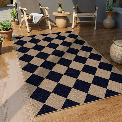Lahome Checkered Easy Jute Entry Rug, 3x5 Black Outdoor Patio Rug for Living Room Farmhouse Neutral Carpet, Washable Non Slip Indoor Door Mat Diamond Carpet for Front Door Deck Camping