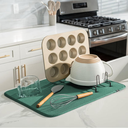 S&T INC. Dish Drying Mat XL, 18” x 24”, Absorbent Microfiber Kitchen Counter Mat, Drying Pad for Dishes, Utensils, Pots and Pans, Extra Large, Diamond Texture, Emerald Green