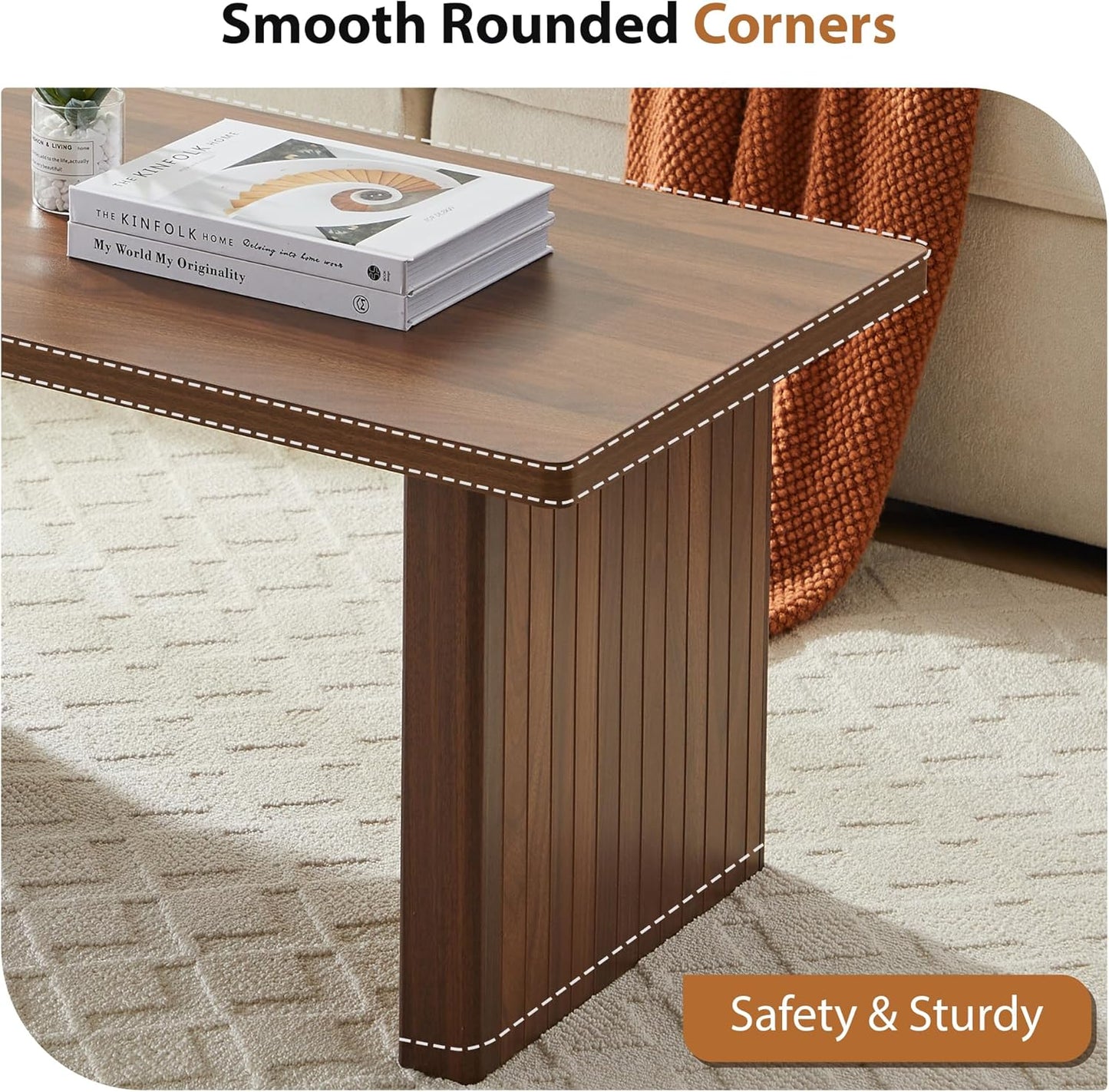 Rectangular Fluted Coffee Table, Farmhouse Wood Coffee Table Mid Century Modern Center Table Boho Living Room Tables for Living Room Office (Walnut, 19.69" D x 43.3" W x 17.72" H)