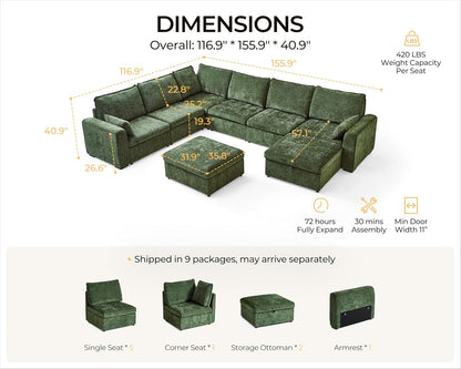 Oversized Modular Sofa Comfy Cloud Couch with Storage, Extra Deep Plush Sectional Sofa Set for Living Room, Covers Washable, Chenille, Olar (Green, 8-Seater with Corner & 2 Ottomans, u-Shaped)