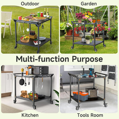 NUUK Grill Cart for Outdoor 32" x 32" Stainless Steel Pizza Oven Table with Double-Shelf Rolling BBQ Kitchen Food Prep Cart for Garden Patio