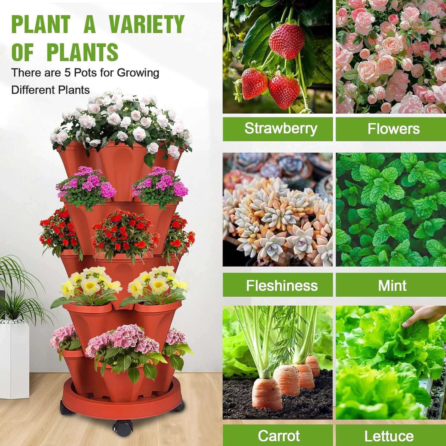 Vertical Strawberry Planter 5 Tier Stackable Tower Herb Planters Stacking Outdoor Garden Planters Pot with Tools Mover for Growing Flowers, Vegetables and Succulents