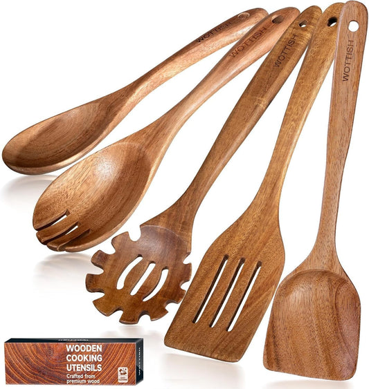 Wooden Spoons for Cooking - 5-Piece Wooden Kitchen Utensil Set made of Natural Solid Wood Material - Includes Salad Spoons, Spaghetti Spoon, Salad Fork, Flat Spatula,Slotted Spatula(A05)