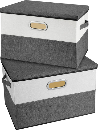 Large Linen Fabric Foldable Storage Bins with Removable Lid and Handles, Washable Storage Box Organizer Containers Baskets Cube with Cover for Bedroom,Closet,Office(Grey&Cream, Large(2-Pack))