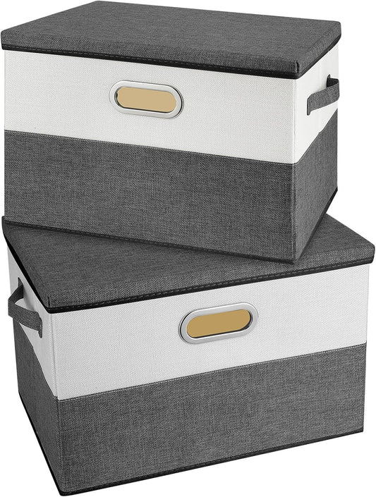 Large Linen Fabric Foldable Storage Bins with Removable Lid and Handles, Washable Storage Box Organizer Containers Baskets Cube with Cover for Bedroom,Closet,Office(Grey&Cream, Large(2-Pack))