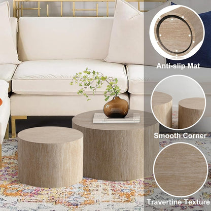 Round Nesting Coffee Table Set of 2, Modern Coffee and End Table Set Small Circle Wooden Drum Side Table Accent End Tables for Living Room Office, No Assembly,Travertine Large