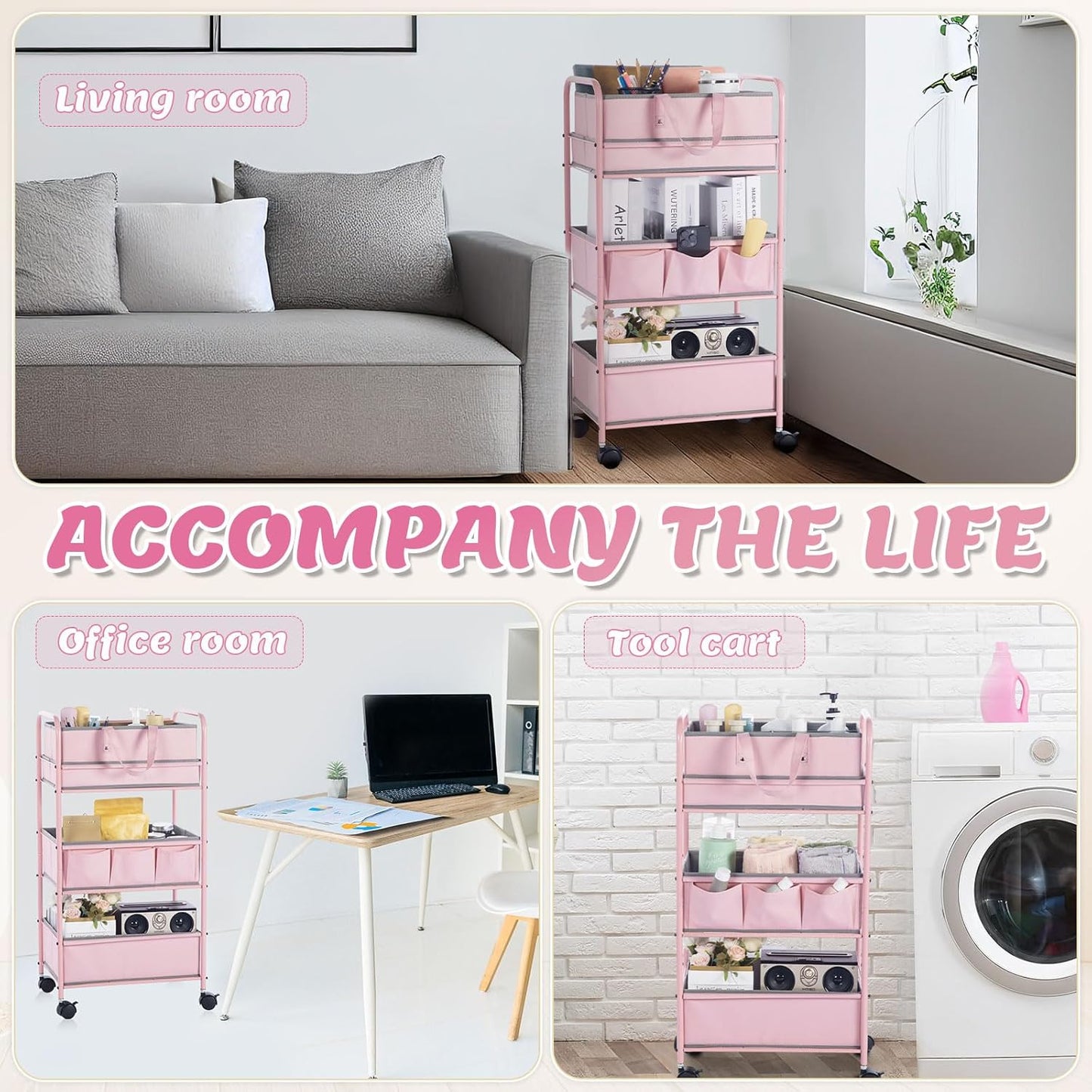 Honeydak 2in1 Baby Diaper Caddy Organizer Cart 3 Tier Large Capacity Metal Utility Bedside Rolling Cart with Divider for Newborn Nursery Essential Must Have for Crib Bedroom Baby Shower(Pink)