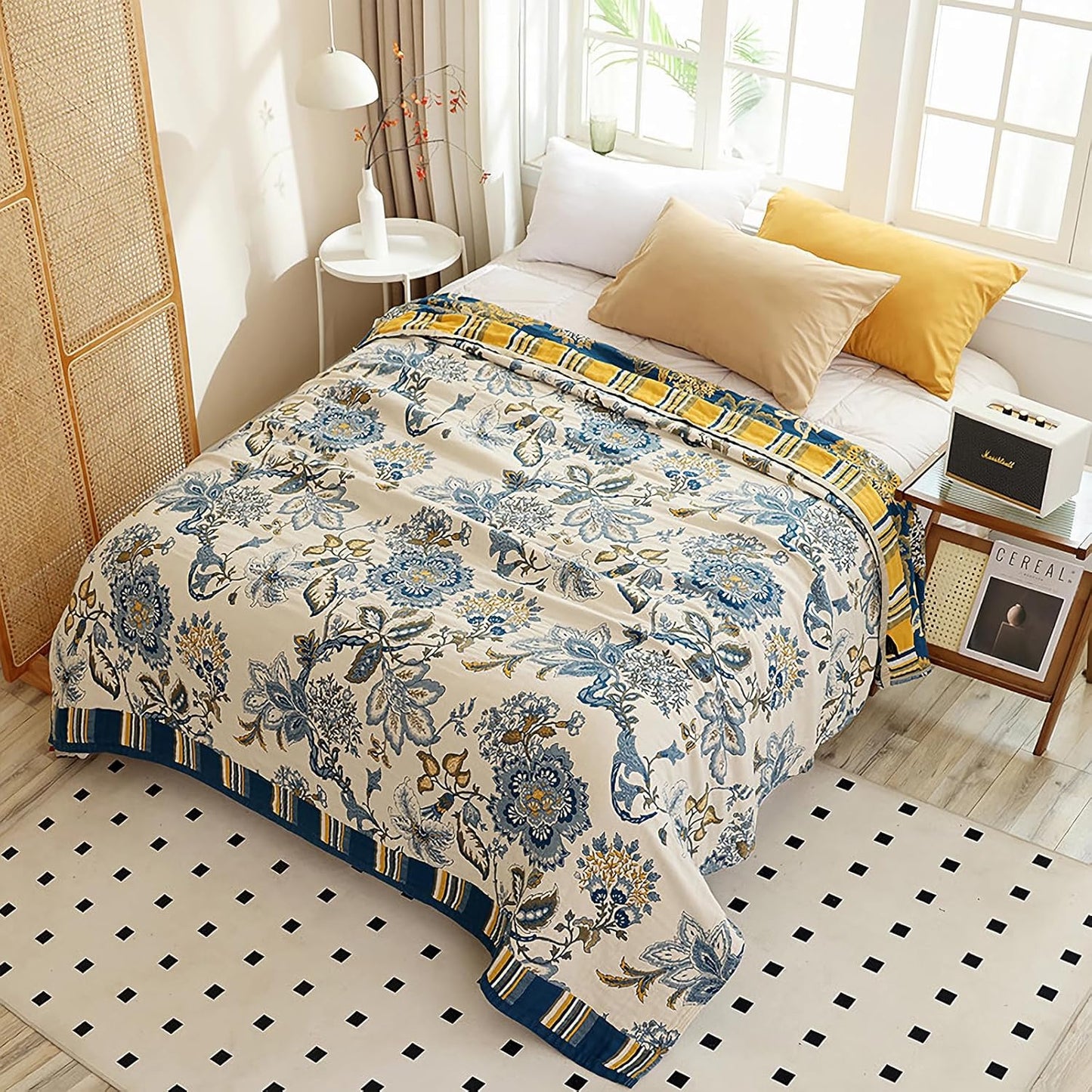 Snycler Boho Throw Blanket for Bed - 100% Cotton Ultra Soft Rustic Quilt - White Blue Floral Printed Farmhouse Decor Bed Blankets, 80"×90" All Season Rustic Throw for Sofa Couch Chair