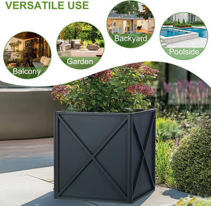 BAYN Metal Square Planter Box Tall Planters for Outdoor Plants Modern Heavy Duty with Drainage Holes for Outside Indoor Patio Deck - Grey, 17”x 17”x 18”