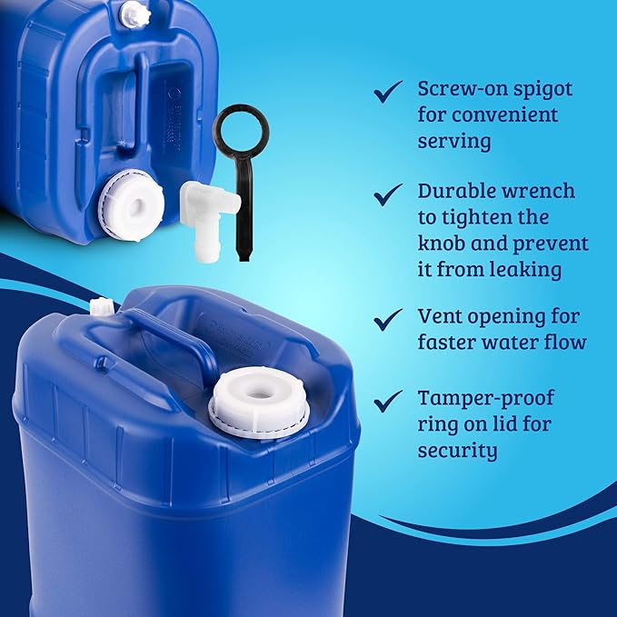 5-Gallon Stackable Water Storage Containers with Lids, Emergency Water Storage Kit Including Spigots, Wrench, and Water Preserver, 80 Gallons