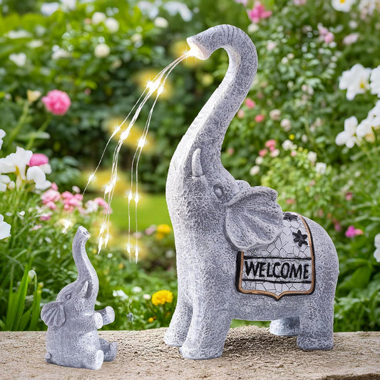 RM ROOMERS Elephant Garden Decor, 2 PCS Elephant Sculptures for Outdoor Resin Solar Elephant Statues Watering, Elephant Decor for Yard, Animal Statues for Patio, Birthday Gifts for Women