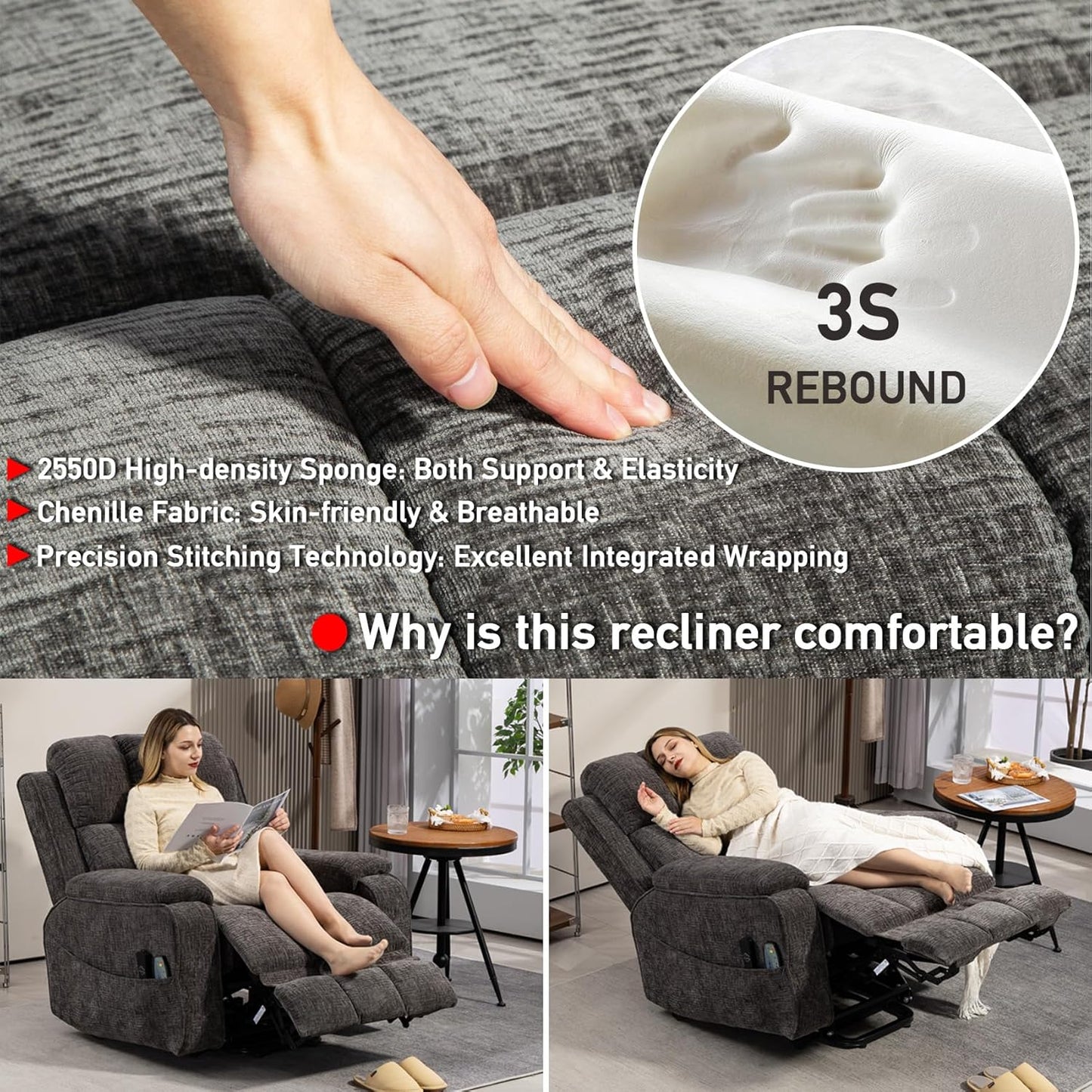 Lazy Boy Recliner Chair, Postoperative Recovery，Retractable 23'' Extra-Long Leg Support Lift Chair Hold up to 400lb，25.5'' Oversized Recliner seat for Big and Tall