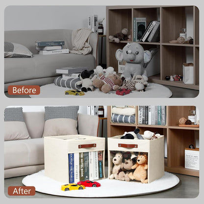 HNZIGE Fabirc Storage Cubes Bin 13x15x13 Clear Storage Cube, 4 Pack Foldable Cloth Cubby Storage Bins for Cube Organizer Closet Cabinet, Large Fabric Storage Bins for Shelves Organizer Bins- Cream