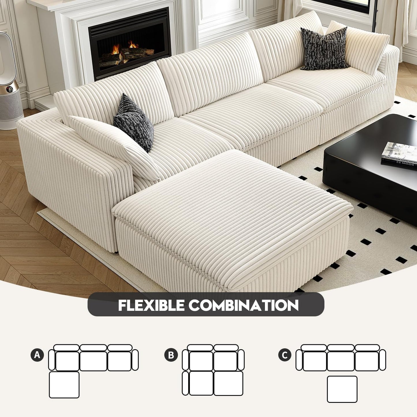 118" Cloud Couch Modular Sectional Sofa for Living Room,Modern Sofa with Deep Seat，L-Shape Boneless Couch with Ottoman,Comfy Upholstered Corduroy Couches for Apartment, Studio, Office,Bedroom，White