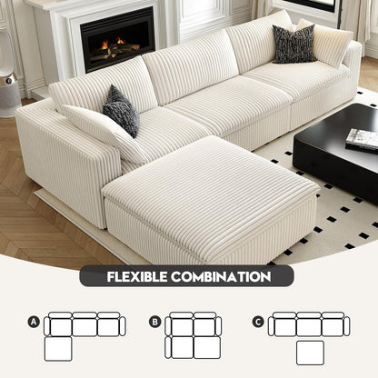 118" Cloud Couch Modular Sectional Sofa for Living Room,Modern Sofa with Deep Seat，L-Shape Boneless Couch with Ottoman,Comfy Upholstered Corduroy Couches for Apartment, Studio, Office,Bedroom，White