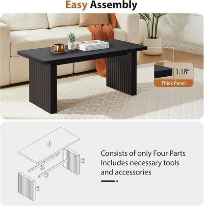 Rectangular Fluted Coffee Table, Farmhouse Wood Coffee Table Mid Century Modern Center Table Boho Living Room Tables for Living Room Office (Black, 19.69" D x 43.3" W x 17.72" H)