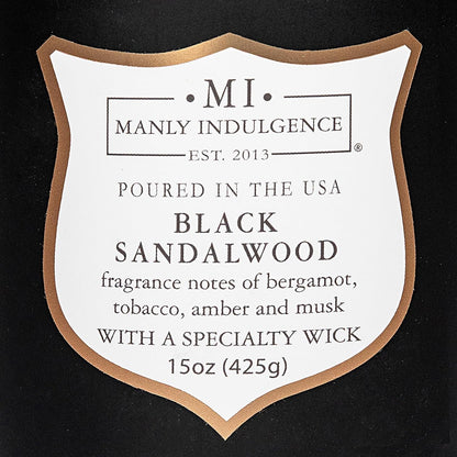 Manly Indulgence Black Sandalwood Scented Candle for Men 15 oz – Bergamot, Tobacco, Amber & Musk - Wood Wick - Up to 60 Hours Burn - Soy Blend Wax, USA Poured – Signature Collection