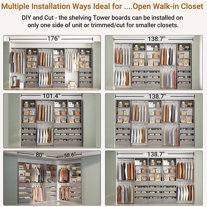 Aheaplus Closet System Set of 3, 138.5" Wood Closet Organizer System Tower with 12 Drawers & 4 Hanging Rods, 6.7+4.85Ft L Shaped Walk-in Closets Wardrobe Organizer Garment Rack with Shelves, Grey