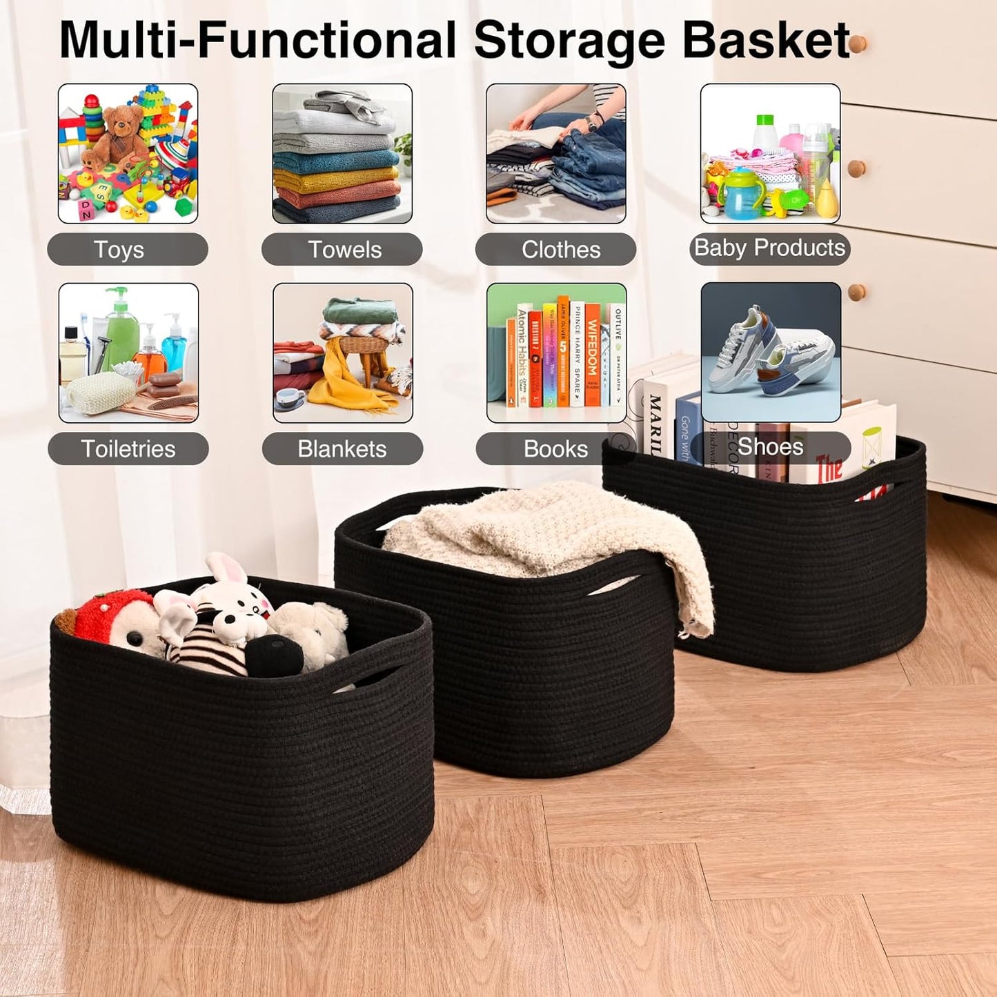 Black Storage Baskets for Organizing Shelves, Toy Basket for Nursery, Woven Cotton Rope Basket for Decor, Towel Baskets for Bathroom, 15"x11"x9.5", 3 Packs, Black